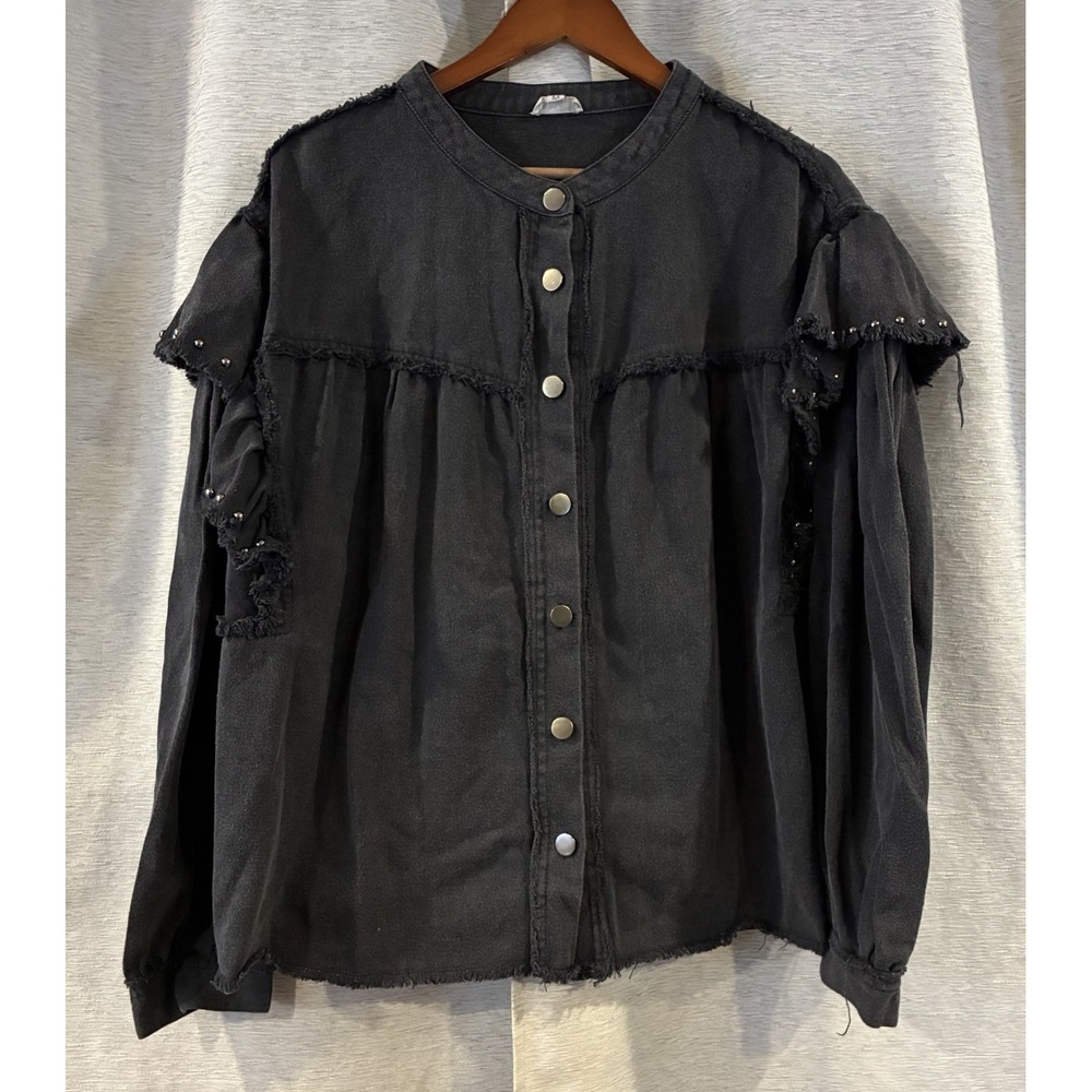 POL Distressed Oversized Button Down Jacket Black Raw Hem Shacket M